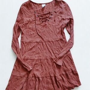 No Boundaries Rust Lace-Up Tiered Long Sleeve Dress